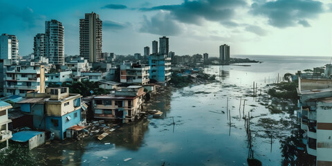 Fototapeta premium A city by the shore overtaken as the sea level surged, buildings now submerged..