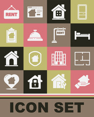 Set Realtor, House plan, Bed, Hotel service bell, contract, Hanging sign with Rent and icon. Vector