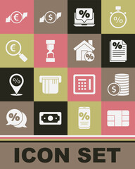 Set Credit card with chip, Coin money dollar, Finance document, Percent discount and laptop, Old hourglass, Magnifying euro, Financial growth coin and House percant icon. Vector