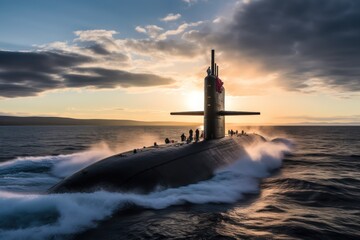 Heavy atomic submarine floating in ocean. Excellent aerials over a submarine at sea.