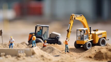 Building construction. Miniature builders at work. Small toy construction equipment and uniformed workers on site. Industrial concept with figurines created with Generative AI Technology