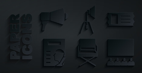 Set Director movie chair, Cinema ticket, poster, auditorium with screen, Movie spotlight and Megaphone icon. Vector