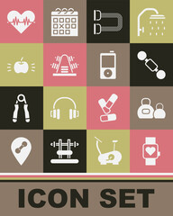 Set Smart watch, Kettlebell, Dumbbell, Chest expander, Metal rack with weights, Apple, Heart rate and Music player icon. Vector