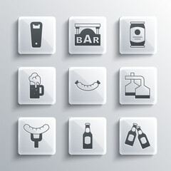 Set Beer bottle, brewing process, Sausage, on the fork, Wooden beer mug, Bottle opener and can icon. Vector