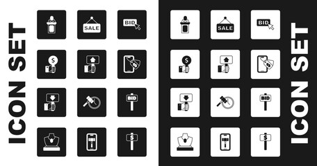 Set Bid, Hand holding auction paddle, Auction auctioneer sells, Online, Price tag with Sale, and icon. Vector