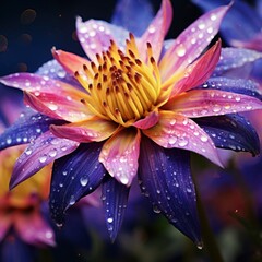 Colorful Flower with water drops isolated on pure black background.Generative AI