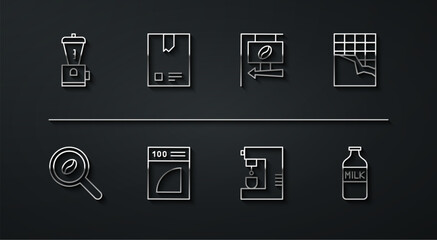 Set line Electric coffee grinder, Selection beans, Chocolate bar, Coffee machine, paper filter, Bag, Bottle with milk and Street signboard icon. Vector