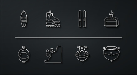 Set line Surfboard, Helmet and action camera, Ski lift, Jet ski, Landslide, Roller skate, Speedboat and sticks icon. Vector