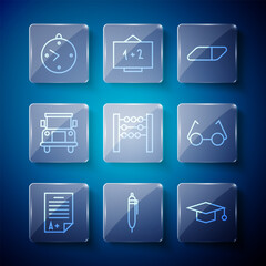 Set line Exam sheet with A plus grade, Pen, Graduation cap, Eraser or rubber, Abacus, School Bus, Clock and Glasses icon. Vector