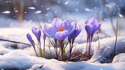  a group of purple flowers sitting on top of snow covered ground. generative ai
