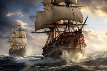 Sailing Frigates in Wake Formation - Ocean Voyage