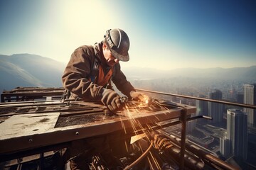 Fototapeta premium High-Altitude Welding Work - Skilled Builder in Action