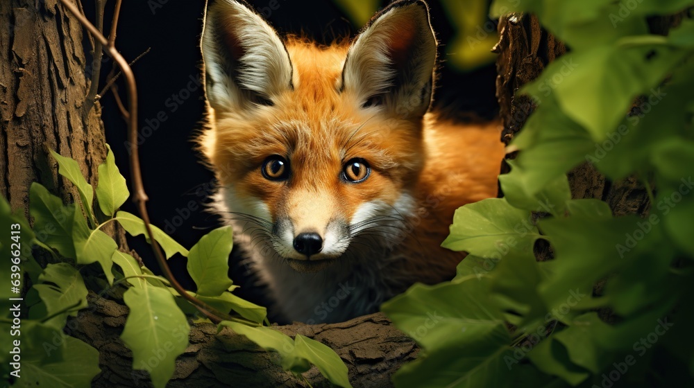 Poster  a red fox looking out of a hole in a tree.  generative ai