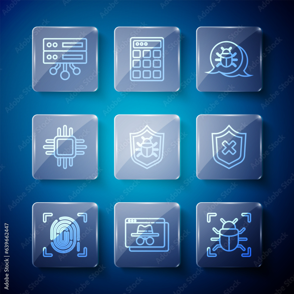 Poster set line fingerprint, browser incognito window, system bug, processor with microcircuits cpu, server