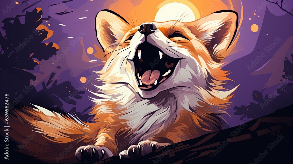 Poster a picture of a fox with its mouth open and it's mouth wide open. generative ai