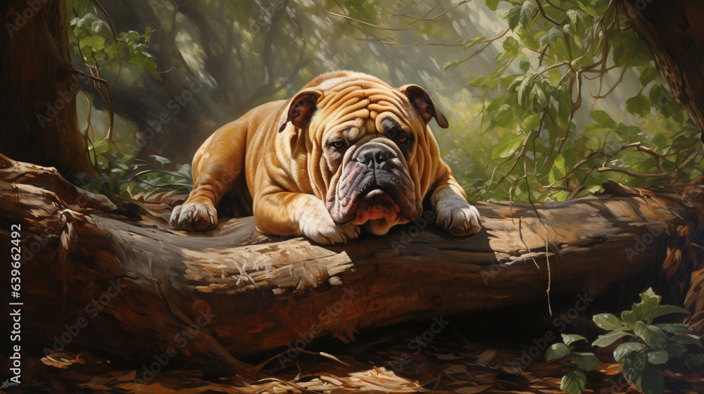 Aufkleber a painting of a bulldog resting on a log in a forest. generative ai