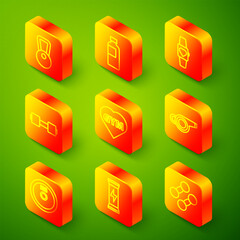 Set line Kettlebell, Fitness shaker, Smartwatch, Dumbbell, gym heart, Whistle, Weight plate and Sports nutrition icon. Vector