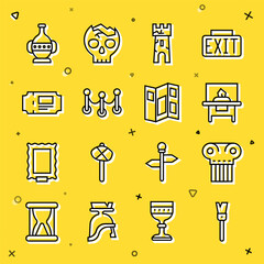 Set line Paint brush, Ancient column, Glass showcase for exhibit, Castle tower, Rope barrier, Museum ticket, amphorae and guide brochure icon. Vector