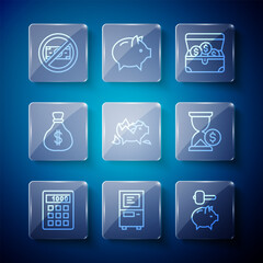 Set line Calculator, ATM, Piggy bank and hammer, Treasure chest, Broken piggy, Money bag, No money and Hourglass with dollar icon. Vector