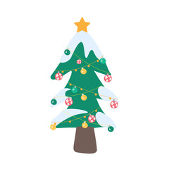 Christmas Tree vector flat colorful icon. Isolated an evergreen tree decorated with lights and ornaments to celebrate Christmas. Depicted with round, variously colored ornaments and star