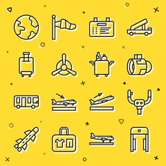 Set line Metal detector in airport, Aircraft steering helm, Jet engine turbine, Airport board, Plane propeller, Suitcase, Worldwide and Trolley for food icon. Vector