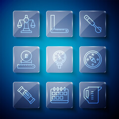 Set line Construction bubble level, Calendar, Measuring cup, spoon, Pressure water meter, Diameter, Scales of justice and Compass icon. Vector