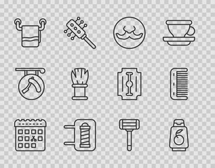 Set line Calendar with haircut day, Bottle of shampoo, Mustache, Barber shop pole, Towel on hanger, Shaving brush, razor and Hairbrush icon. Vector