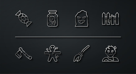 Set line Candy, Wooden axe, Garden fence wooden, Witches broom, Voodoo doll, Eye in jar, Zombie mask and Funny scary ghost icon. Vector