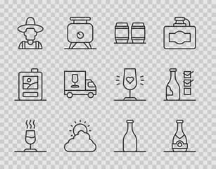 Set line Wine tasting, degustation, Champagne bottle, Wooden barrel for wine, Sun and cloud weather, Farmer hat, truck, Bottle of and icon. Vector