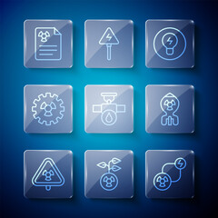 Set line Triangle with radiation, Radioactive, exchange energy, Light bulb concept of idea, Industry pipe and valve, Radiation warning document and Nuclear bomb icon. Vector