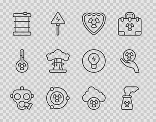 Set line Gas mask, Nuclear power plant, Radioactive in shield, waste barrel, explosion, Acid rain and radioactive cloud and icon. Vector
