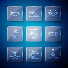 Set line Skateboard T tool, Cinema camera, Y-tool, park, Tool allen keys, wheel and stairs with rail icon. Vector