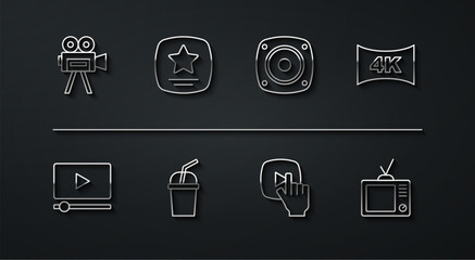 Set line Retro cinema camera, Online play video, Screen tv with 4k, Paper glass water, Walk of fame star, and Stereo speaker icon. Vector
