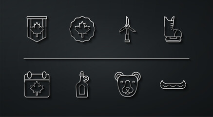 Set line Pennant flag of Canada, day with maple leaf, Skates, Bear head, Bottle syrup, Canadian, Kayak and Wind turbine icon. Vector