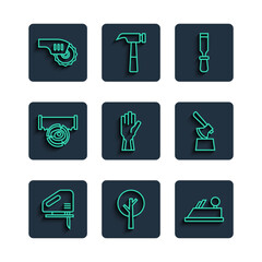 Set line Electric jigsaw, Tree, Wood plane tool, Chisel, Protective gloves, Two-handed and log, circular and Wooden axe in stump icon. Vector