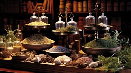 Fototapeta premium Herbal apothecary aesthetic concept. Natural dried plants herbs, spices, flowers ingredients in vintage inspired pharmacy. Organic&nbsp;alternative medicine. AI illustration..