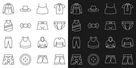 Set line Short or pants, Sweater, Men underpants, Female crop top, Bow tie, Undershirt, Shirt and icon. Vector