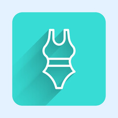 White line Swimsuit icon isolated with long shadow. Green square button. Vector