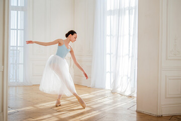 A young ballerina is rehearsing in the studio. happy young ballerina exercising in the barre. Young pretty ballet dancer.
