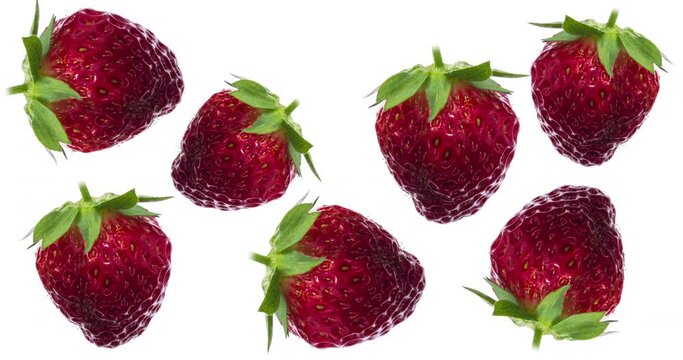 Composition of red ripening strawberries on white background, close-up.