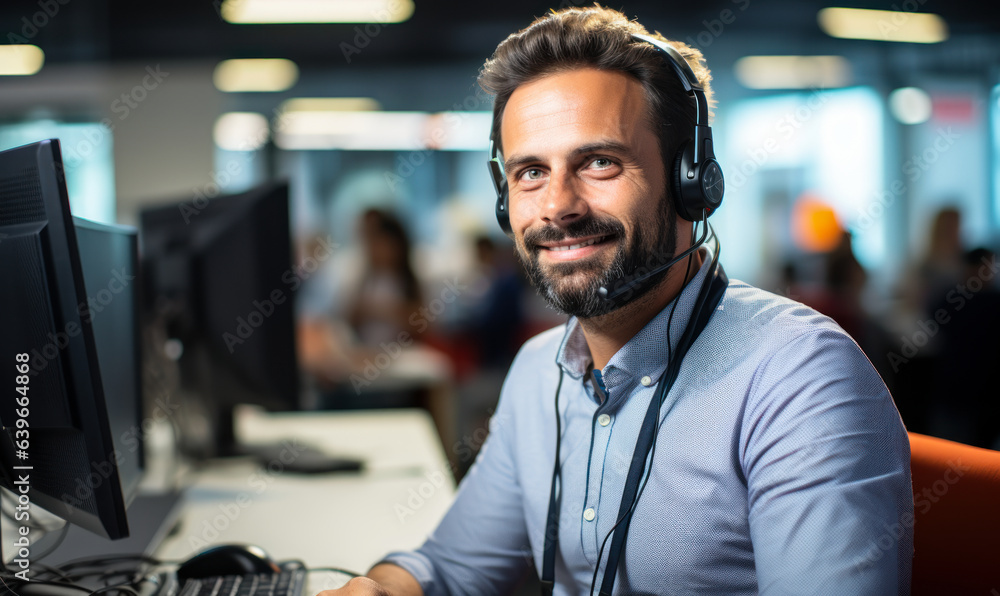 Poster office communication: smiling operator with headset