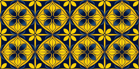 Navy and mustard symmetrical designs seamless pattern. Concept: Nostalgic Moorish-style wallpapers.