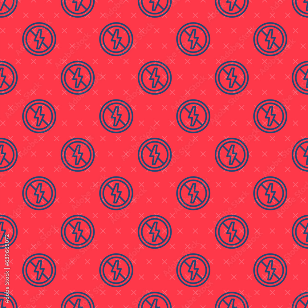 Poster blue line no lightning icon isolated seamless pattern on red background. no electricity. vector