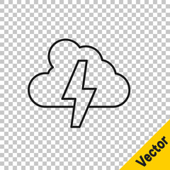 Fototapeta premium Black line Storm icon isolated on transparent background. Cloud and lightning sign. Weather icon of storm. Vector
