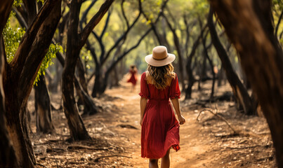 Obraz premium Young Woman in Red Dress Walks Alone in the Forest: A Celebration of JOMO