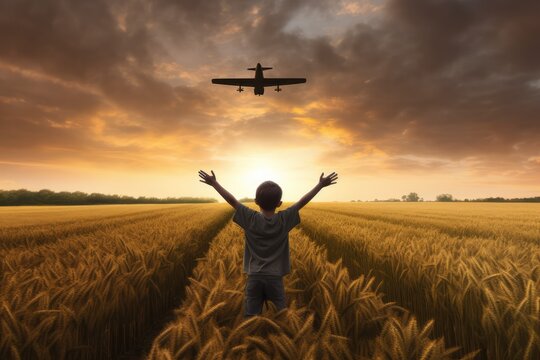 Boy teenager child kid runs through field with wheat with plane sunset, happy dream family, child wants become pilot astronaut, future. Generative ai.