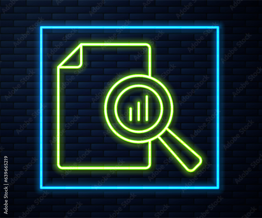 Poster glowing neon line document with graph chart icon isolated on brick wall background. report text file