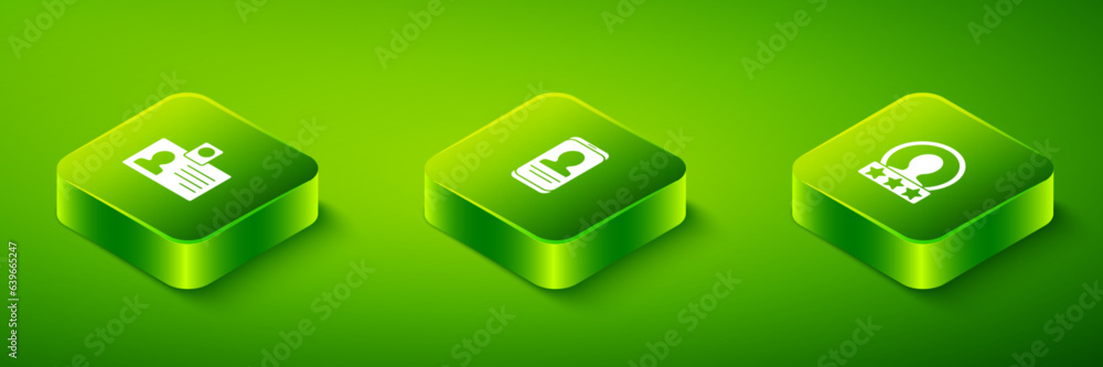Poster set isometric mobile with resume, create account screen and identification badge icon. vector