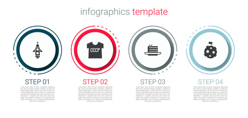 Set Rocket ship, USSR t-shirt, Medovik and Moon with flag. Business infographic template. Vector