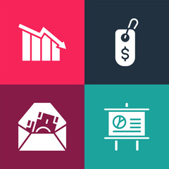 Set pop art Chalkboard with diagram, Envelope dollar symbol, Price tag and Financial growth decrease icon. Vector